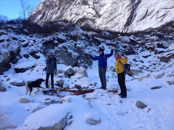snowing on the trail between Deurali to Machhapuchhre base camp while trekking to Annapurna base camp