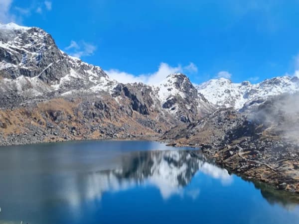Turquoise blue lake of holy Gosaikunda reflecting high himalayan giants