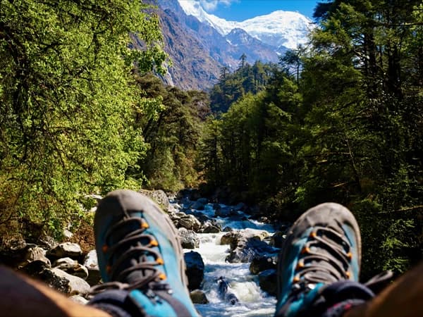 enjoying the river and the mountain view along the trail to langtang village