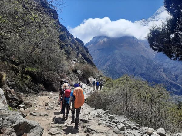 everest trekkers walking the trail between Namche bazaar to tengboche