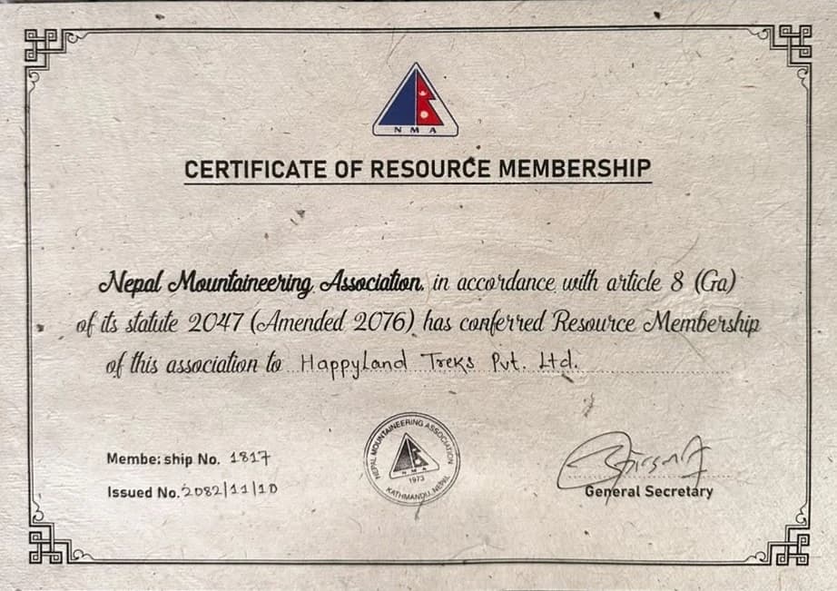 Certificate of Nepal Mountaineering Association (NMA)