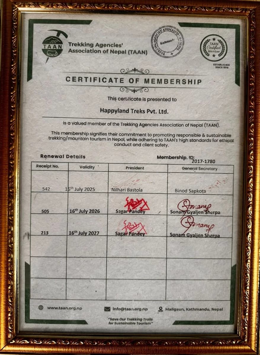 Membership of Trekking Agencies' Association of Nepal (TAAN)