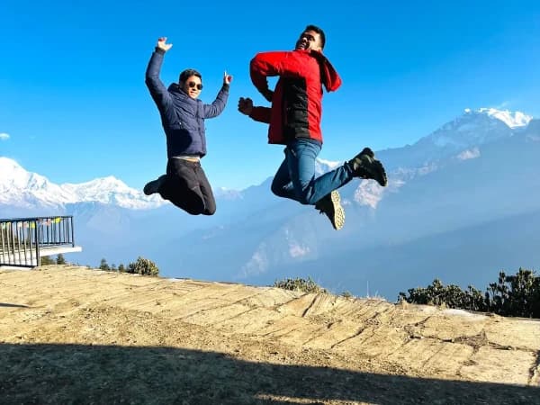 Jumping Front Of The Annapurna Himalayas Poon Hill Annapurna Trek